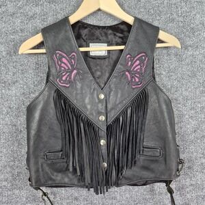 Vintage TRD Leathers Black Leather Vest USA Fringe Snaps Butterfly Biker